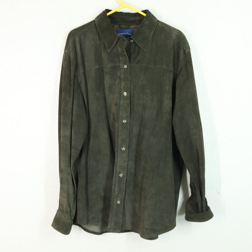 Charter Club Suede Top Women XL Forest Green Long Sleeve Button